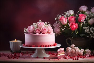 Cake and flowers for Valentine's Day.
