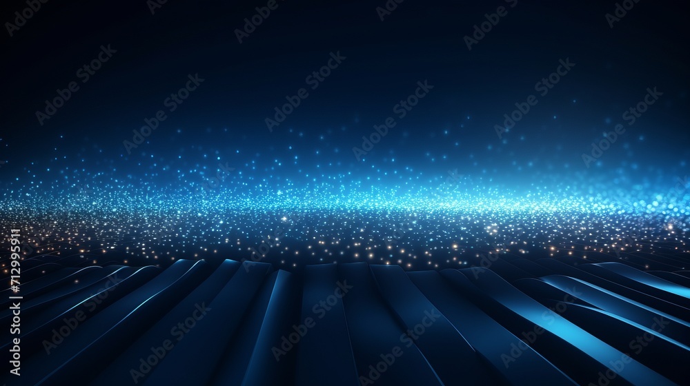Poster dynamic deep blue abstract: mesmerizing digital background with sparkling light particles, evolving 
