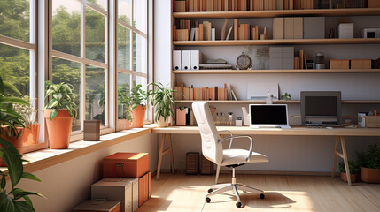 Streamlined workspace, minimalist desk, ergonomic chair, abundant natural light—fusing style and function for optimal efficiency and productivity at home