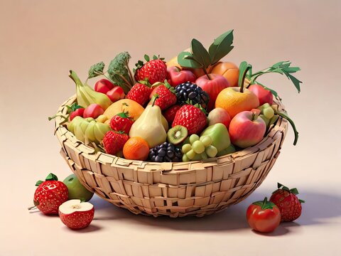 healthy and vegetarian frut in straw basket generative ai