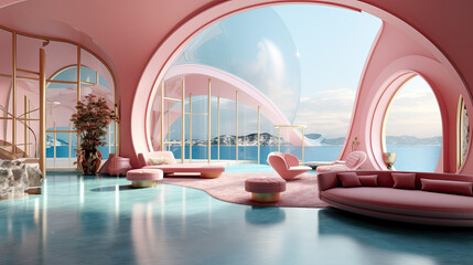Obraz na płótnie Canvas Futuristic home, pink and aquamarine hues, detailed architecture, bathed in light red and gold; a contemporary masterpiece captured in a captivating interior photo