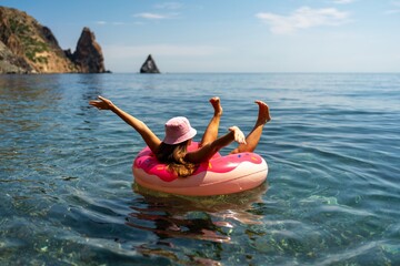 Summer vacation woman in hat floats on an inflatable donut mattress. Happy woman relaxing and enjoying family summer travel holidays travel on the sea. - obrazy, fototapety, plakaty