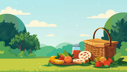 Picnic basket with food and drinks illustration