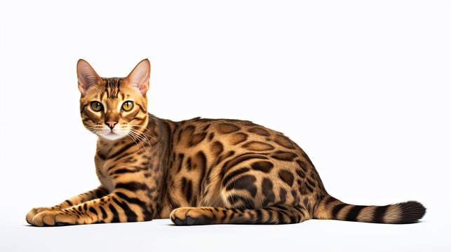 Gorgeous gold Bengal cat shines against a pristine white backdrop, a picture of feline elegance