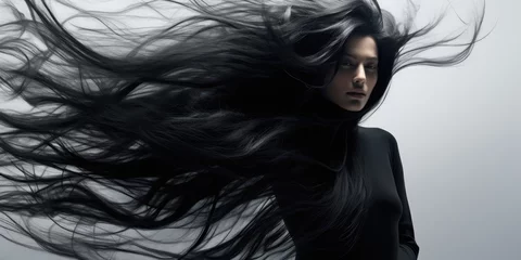Fotobehang Glossy wavy beautiful hair. Young woman with healthy long black hair. © Murda