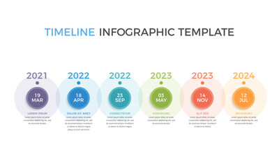 Horizontal timeline infographics template with six circles, vector eps10 illustration
