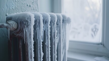 Cold radiator covered with frost and icicles in room. Snowy winter weather outside. No heating. Low temperature indoors. Energy crisis concept.