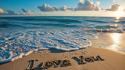 Romantic beach sand sign that says i love you