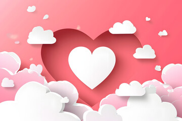 Happy Valentine's day. White heart and clouds on the sky in paper cut style on pink background.