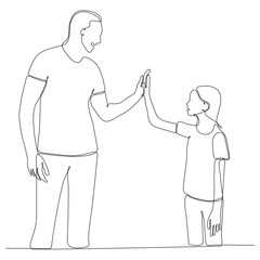 One line drawing of happy man and woman celebrating their successive goal with high five gesture.