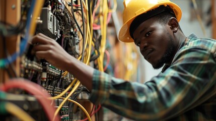 African American skilled electrician working on complex electrical systems 