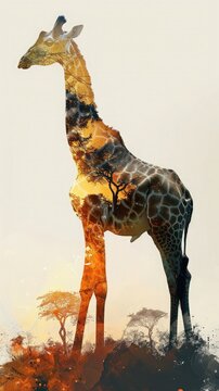 Creative vertical image with full body side silhouette of giraffe with double exposure of African savanna in sunset in silhouette.