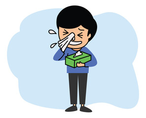 cute little boy sneezing with flu and cold allergic symptoms blowing nose into tissue paper