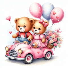 Teddy bears riding in a pink car with balloons and roses. Wearing a red shirt and blue pants, and the other teddy bear is wearing a pink dress. The car is decorated with flowers and balloons.