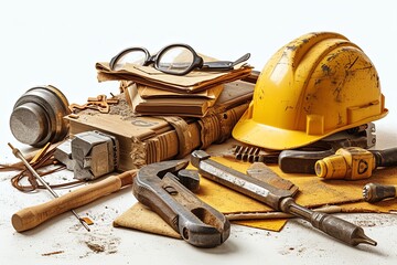 Construction manufacturing tools with yellow safety helmet and labor day worker illustration background
