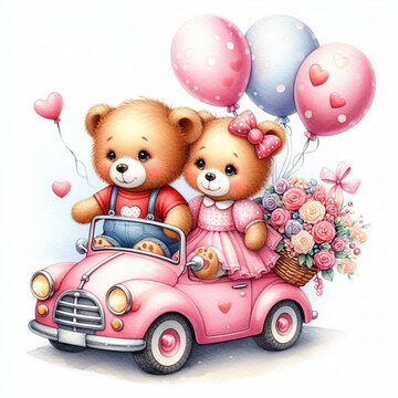 Teddy bears riding in a pink car with balloons and roses. Wearing a red shirt and blue pants, and the other teddy bear is wearing a pink dress. The car is decorated with flowers and balloons.