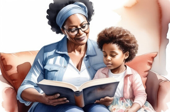 black mother reading interesting book to her daughter. storytelling, parenting, children education.