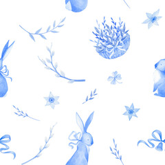 Spring, Easter, seamless pattern hand-painted with watercolors. Wind flowers, rabbits, ribbons for festive decoration