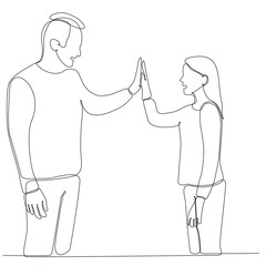 One line drawing of happy man and woman celebrating their successive goal with high five gesture.