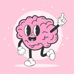 Funny cartoon character brain. Retro cartoon. Can be used as a poster, sticker. Vintage style. Emotions.
