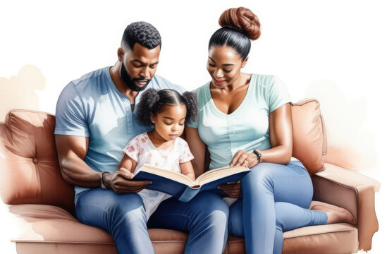 black parents reading interesting book to daughter. storytelling, parenting, children education.