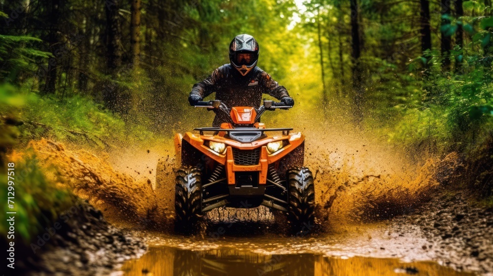 Wall mural atv in action splashing water motion blur at trail forest ,