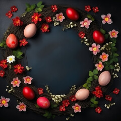 A vibrant wreath adorned with delicate red flowers and speckled eggs, evoking the renewal and beauty of springtime