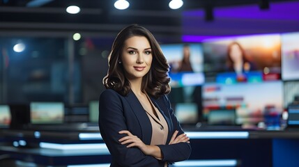 Beautiful female TV news anchor in news studio - obrazy, fototapety, plakaty