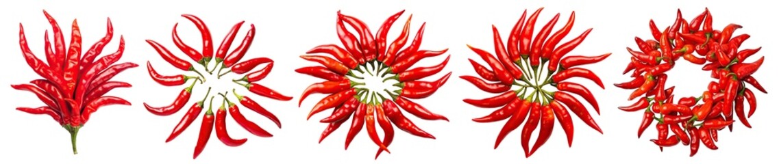 Set of fire flame or burning sun shaped red hot chili peppers, cut out