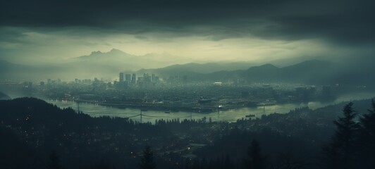 City Enveloped: Moody Portrait Surrounded by Mountains under a Black Sky on Rainy Days