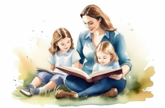 caucasian woman reading interesting book to daughters. storytelling, parenting, children education.