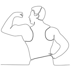 One single line drawing of young energetic male bodybuilder model show vector illustration. Healthy workout concept. Modern continuous line drawing design for bodybuilding fitness center club logo ic