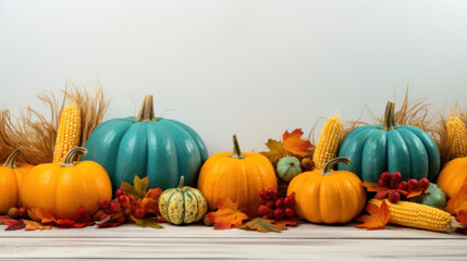 A festive display of various colored pumpkins and corn among autumn leaves on a wooden surface.