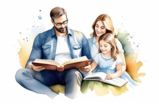 caucasian parents reading interesting book to daughters. storytelling, parenting, children education