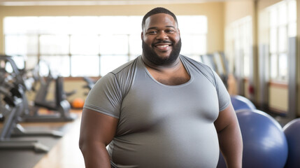 Obraz premium A confident, smiling man stands proudly in a gym setting with exercise balls in the background.