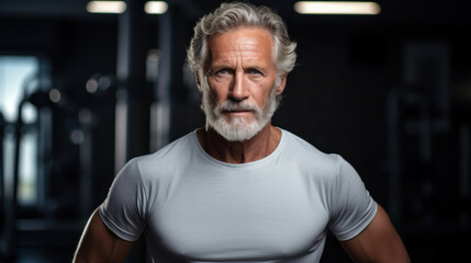 Portrait of a fit, mature man with striking gray hair and beard in a gym environment, exuding strength and experience.