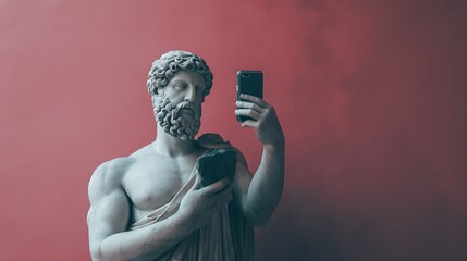 Ancient Greek god sculpture holding a smartphone. Statue of a hero scrolling social media. Doomscrolling, mental health, digital wellness, time loss concept. Bad habits, reading news.