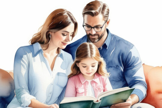 caucasian parents reading interesting book to their daughter. storytelling, parenting, education