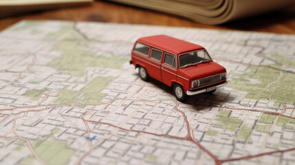 A red vintage toy car placed on a detailed map, symbolizing travel plans and adventure on the road.