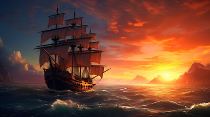 Fototapeta premium Ship at sunset