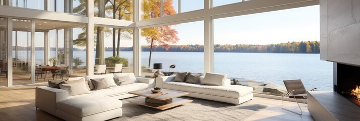 large open living room with lake view floor to ceiling windows view granite fireplace white furnishings hardwood floor and white area rug - obrazy, fototapety, plakaty