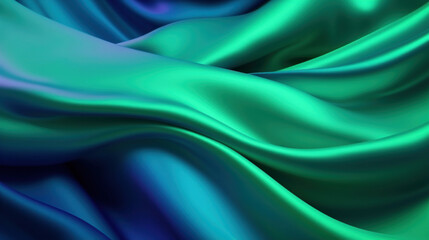 Fototapeta premium Luxurious satin fabric with dynamic waves in vibrant turquoise and green shades, depicting elegance and fluidity.
