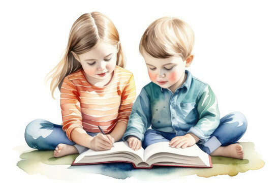 cute caucasian children reading interesting book with tales together. family bonds, storytelling.