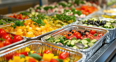 Image of plates of food at a buffet party, Food Celebration Party Concept - obrazy, fototapety, plakaty