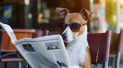 Adorable canine with trendy eyewear leisurely perched on chairs, absorbed in reading a newspaper - obrazy, fototapety, plakaty