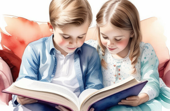 lovely caucasian siblings reading interesting book with tales together. family bonds, storytelling