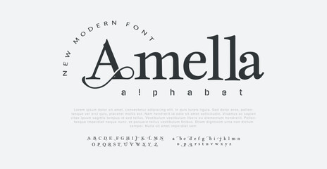 Amella premium luxury elegant alphabet letters and numbers. Elegant wedding typography classic serif font decorative vintage retro. Creative vector illustration