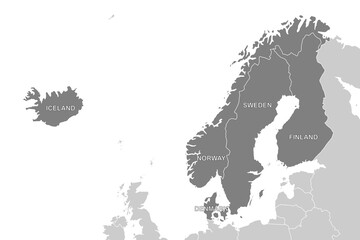 Scandinavia, political map. A subregion in Northern Europe, most commonly referring to Denmark, Norway, and Sweden