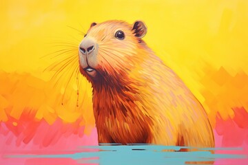 A cheerful capybara in a rainbow style on a yellow background, a humorous postcard, a composition on a T-shirt, a print in a hand-drawn style. Funny poster. Portrait of a capybara