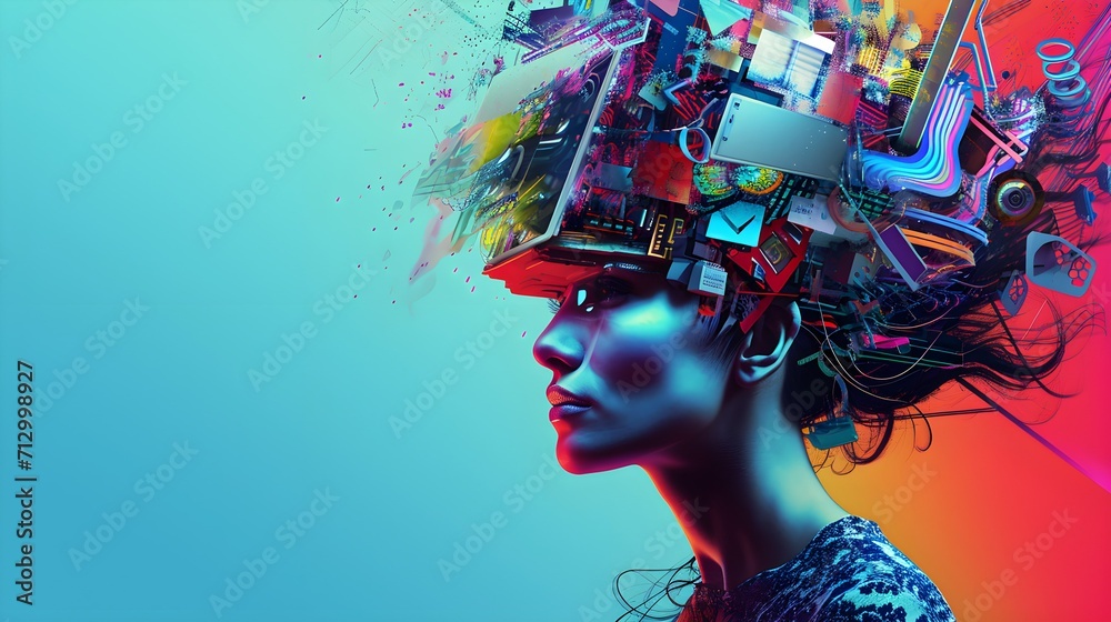 Wall mural vibrant modern art poster collage of a woman with technology items and elements on her head. A concept of digital load overwhelming